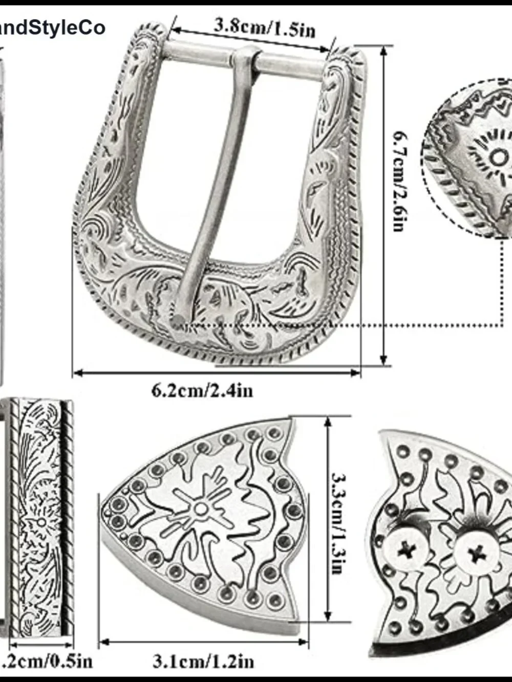 6 Piece Cowboy Replacement Belt Buckle Set Western Floral Engraved Silver for
